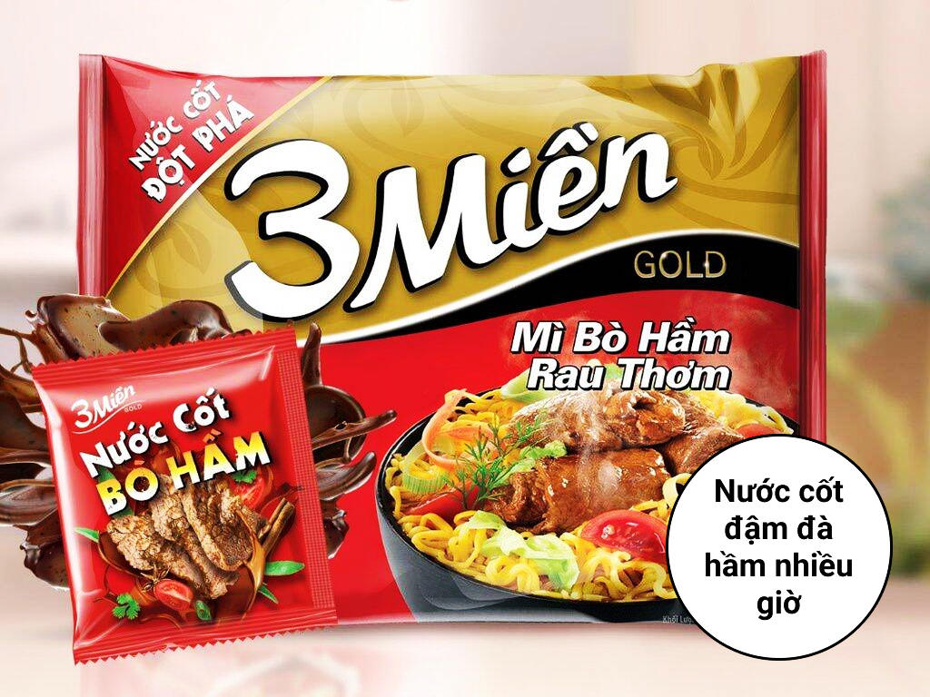 Mì 3 Miền Gold Bò Hầm Rau Thơm Gói 75g