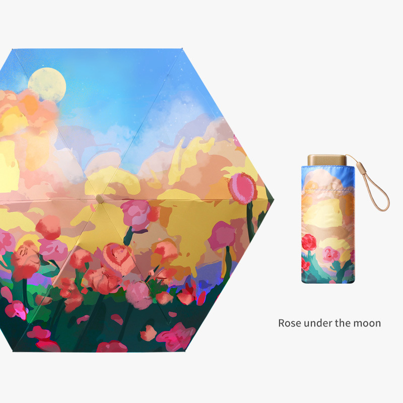 Umbrella Light oil painting vinyl umbrella Titanium gold sunblock folding umbrella compact and convenient capsule umbrella Clear umbrella six fold sun umbrella