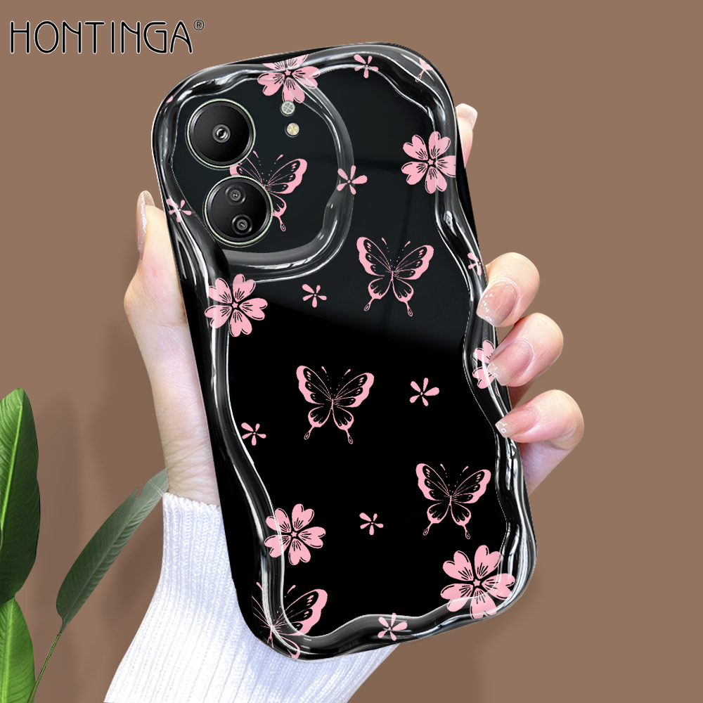 Hontinga for Redmi 13C Xiaomi Poco C65 Back Cover Pink Butterfly Flowers Phone Case Cream Texture Wavy Edge Soft Mobile Cover. 