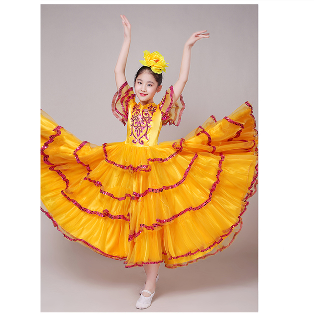 Trẻ em váy múa Latin cô gái biểu diễn quần áo vàng nhung mùa thu và