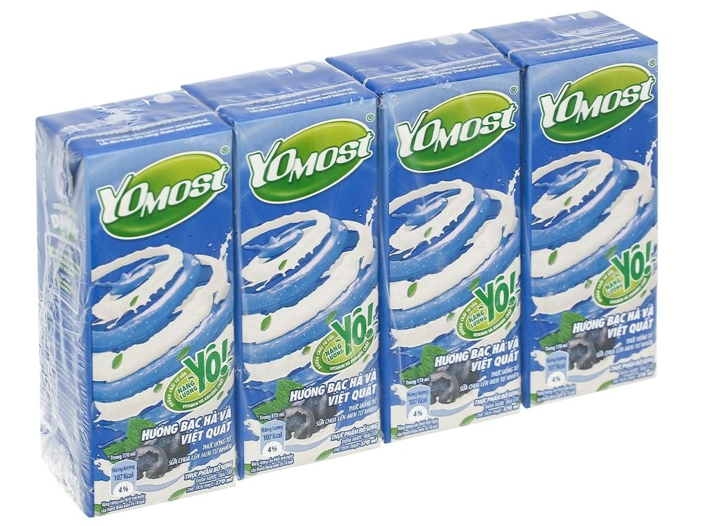 Lốc 4 hộp sữa chua uống hương Cam, Dâu hoặc Bạc Hà Việt Quất YoMost 170ml