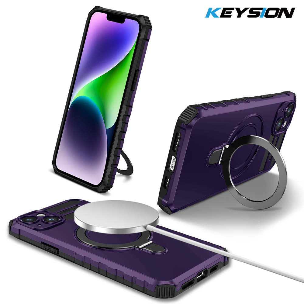 Keysion magnetic case for mag-safe for iphone 15 pro max 15 plus ring stand shockproof phone back cover for iphone 15 plus