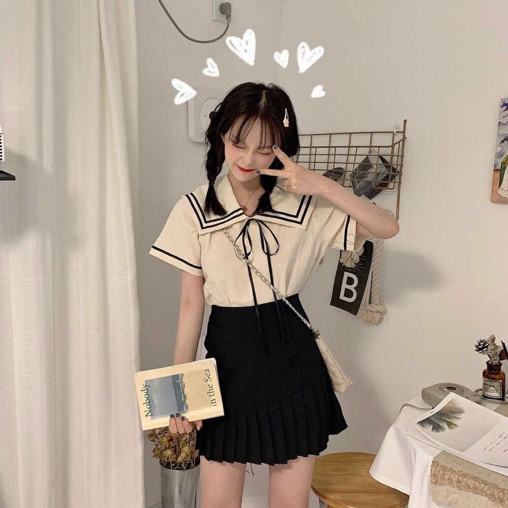 Áo thủy thủ phối viền thắt nơ dễ thương / áo sơ mi nữ phối viền