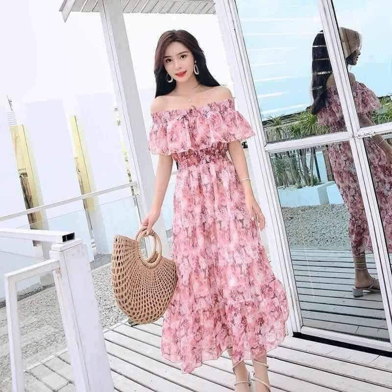 Đầm maxi voan, đuôi cá, cổ sen, nhiều màu
