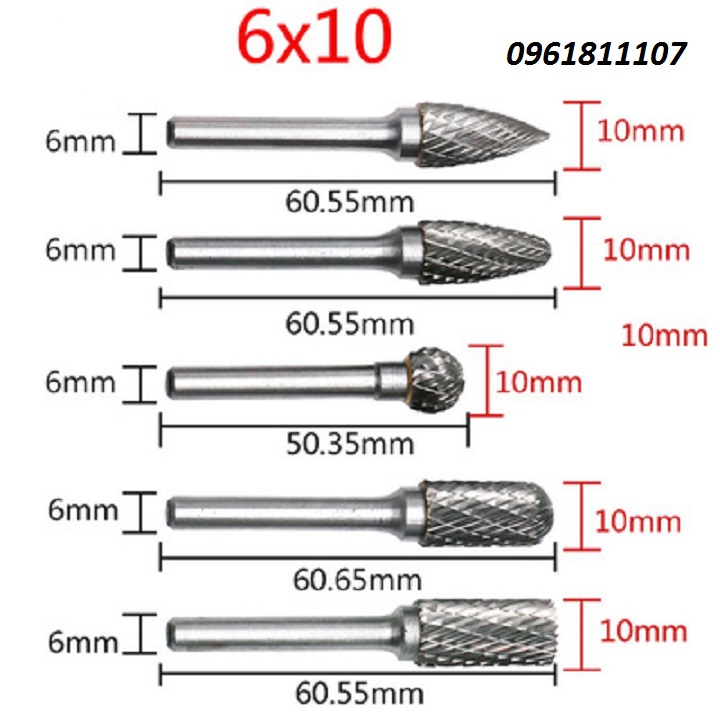 Bộ 5 Mũi Mài, Khắc, Làm Lũa vonfram cao cấp Trục 6mm, mũi khắc, mũi mài, mũi làm lũa gỗ, mũi phay kim loại