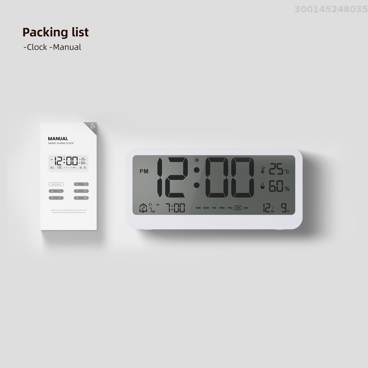 8001-EN Multifunctional Digital Clock LED Brightness Adjustable Temperature Humidity Displaying Alarm Clock with Dual Alarms Modes, Week & Date & Month Display, 12/24H Format, Snooze Function, Auto-Dimming, Light-at-Night Mode