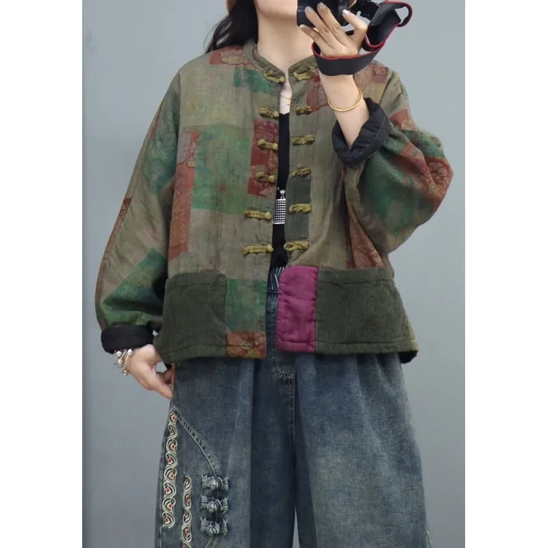 BREINE Chinoiserie Button Print Stand Collar Coat Women's Autumn and Winter Cotton Dress Retro Literature Loose Bat Sleeve Casual Cardigan 503T457