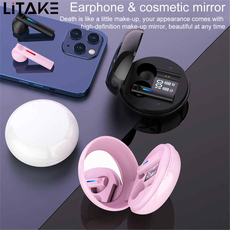 T15 Bluetooth-compatible 5.0 Headset Stereo Earbud With Makeup Mirror Binaural Touch-control Tws Wireless Earphone