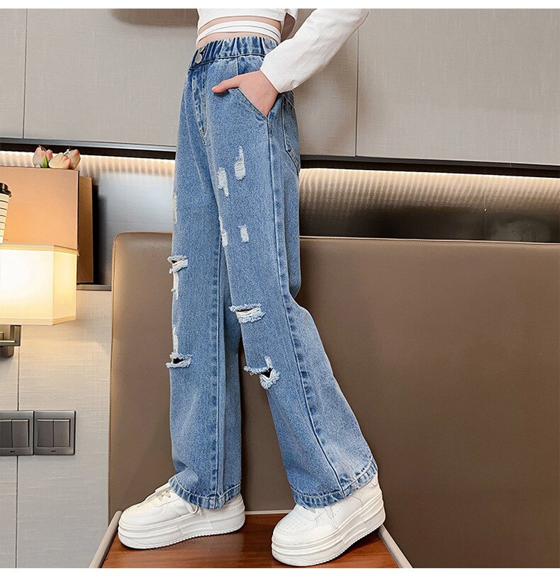 Niz Lok_Teen Girl Ripped Hole Wide Leg Jeans Fashion Loose Straight Trousers  Denim Pants for Kids Girl 5 6 7 8 9 10 …