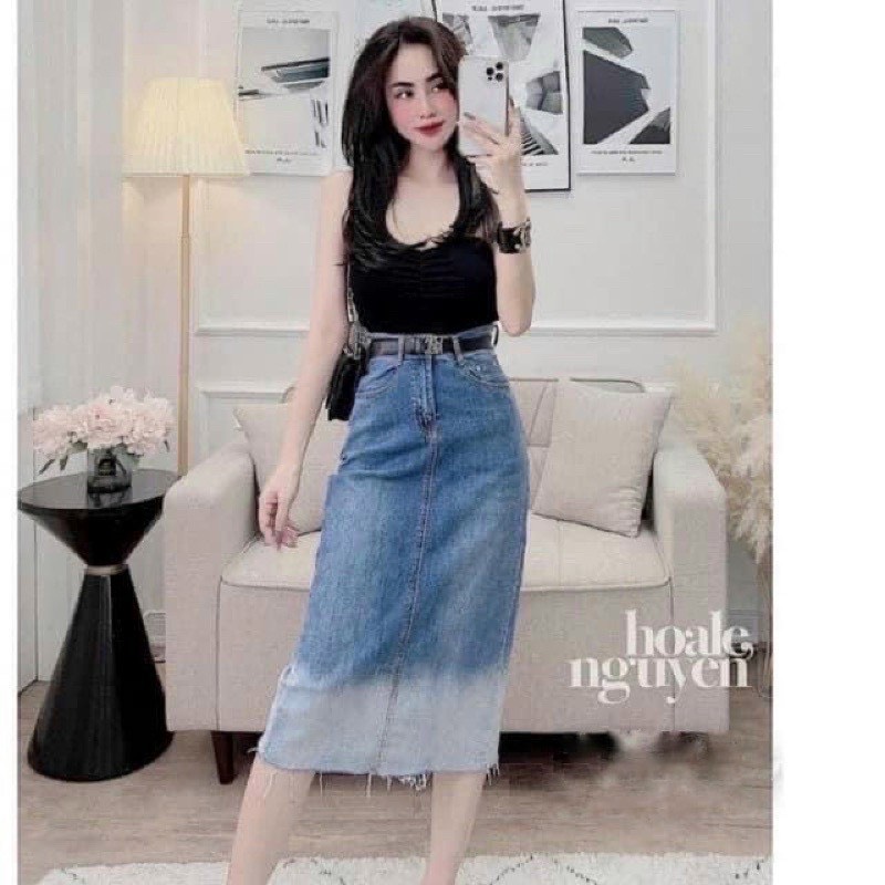 Chân váy bò loang dài xẻ tà siêu hot hothit