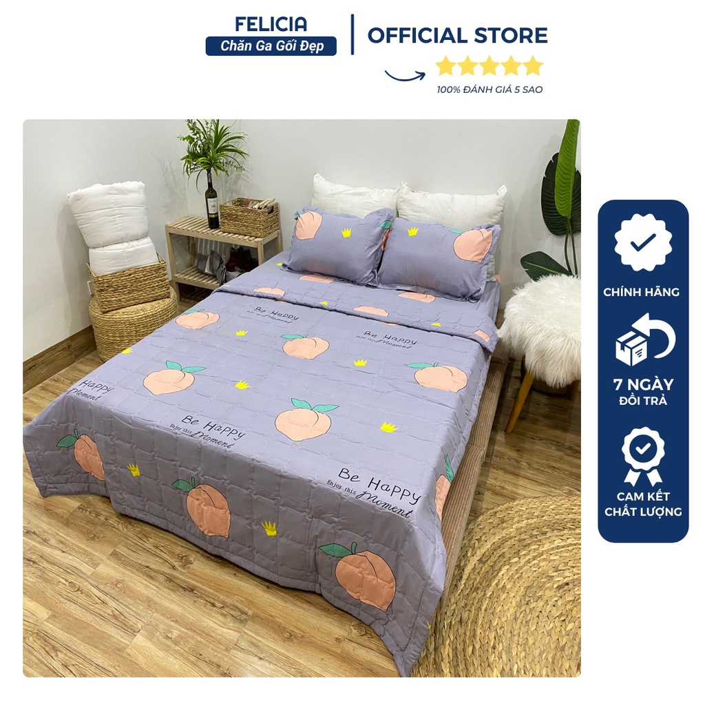 Bộ ga gối poly cotton felicia 3 món mẫu đào tím m2/m6/m8/2m2, 1 drap bo chun + 2 vỏ gối poly cotton