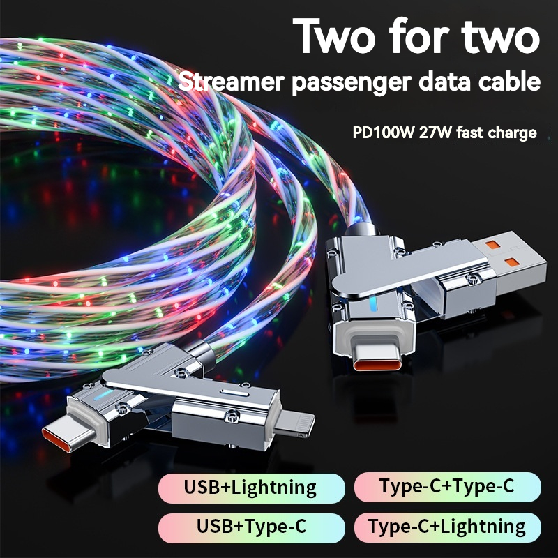 Two Drag Two Flow Light Data Cable Dual Head for Millet Apple Huawei OPPOvivo Fast Charging 100W Fast Charging Cable