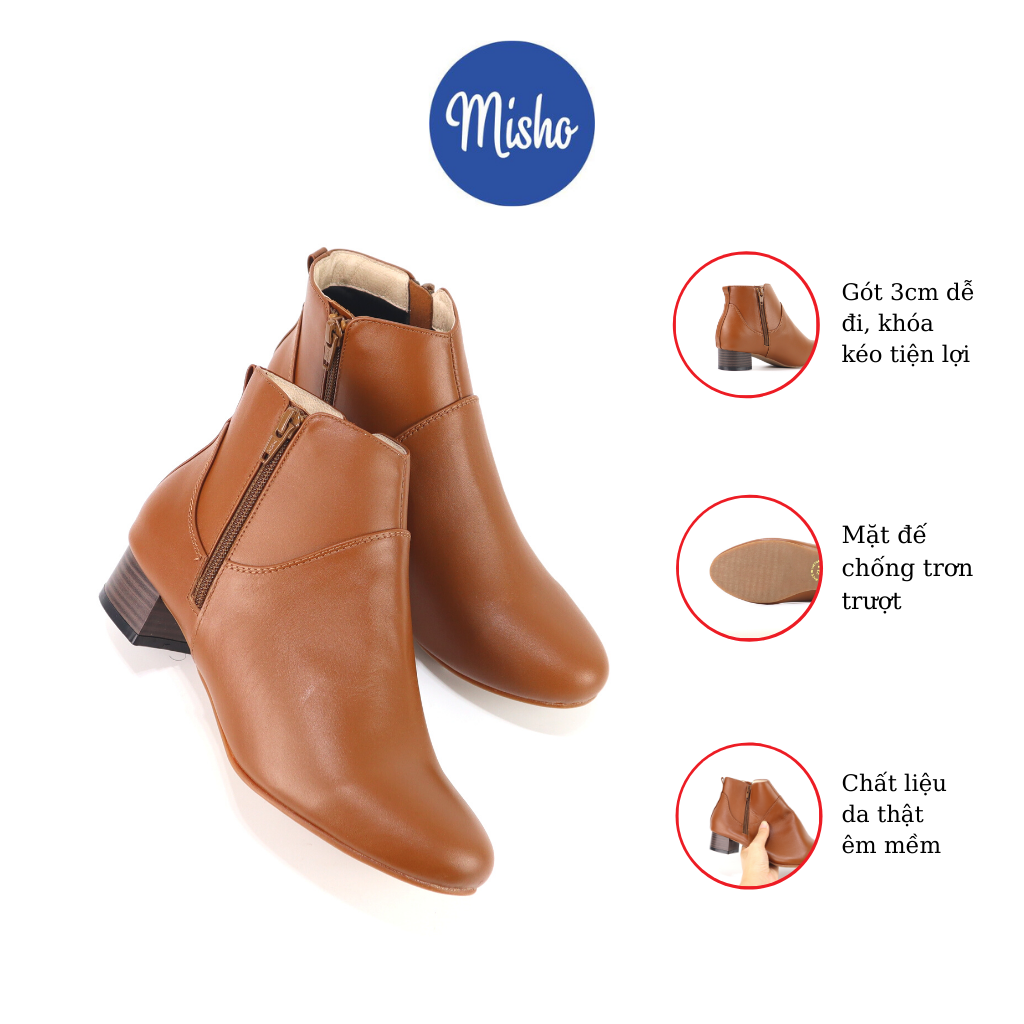 Giày Boot Cổ Thấp Da Thật Bốt Misho Chất Da Mềm Mại Gót Vuông 3p 1087