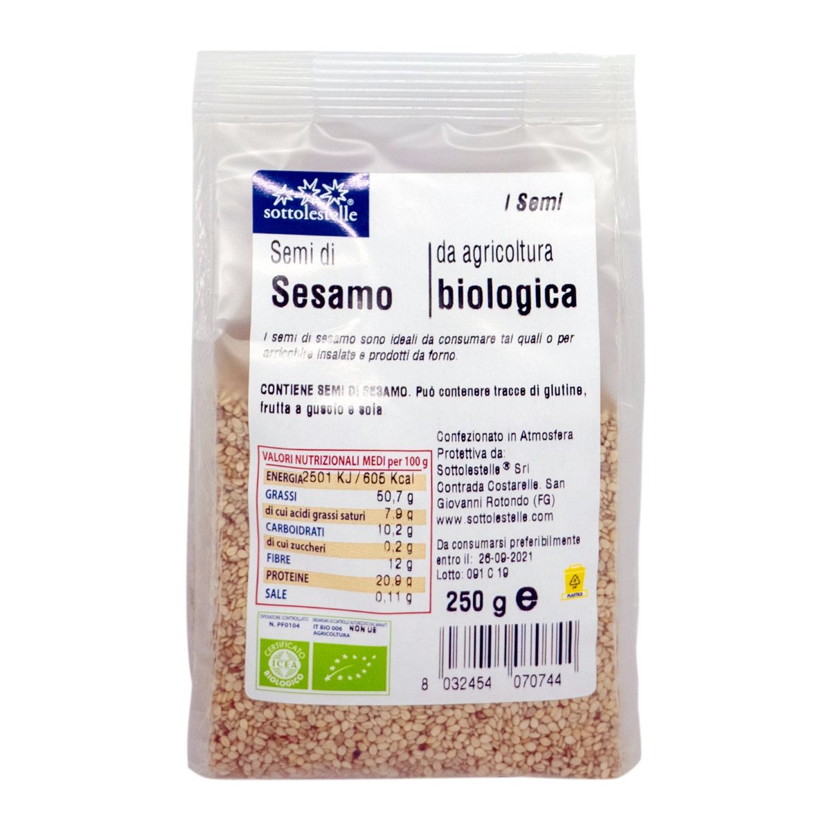 Hạt mè hữu cơ đã bóc vỏ Sottolestelle 250g