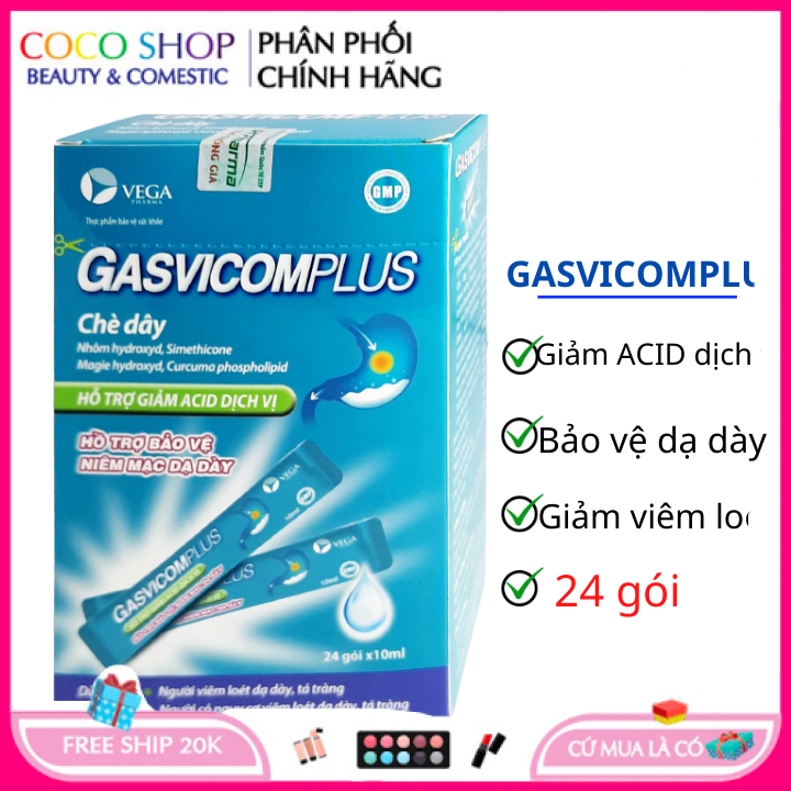 Gasvicomplus- hộp 24 gói x 10ml, hỗ trợ giảm đau dạ dày, tá tràng, trào ngược dạ dày thực quản.