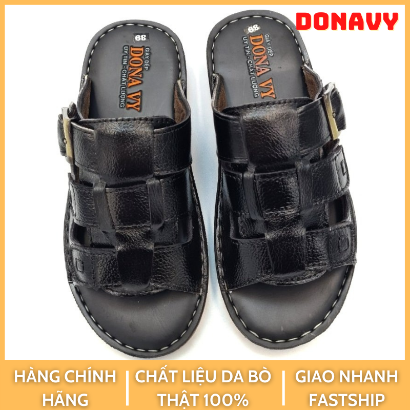 Dép quai ngang nam da bò thật 100% thiết kế kiểu 3 dây đính khuy đồng bắt mắt d.3kd