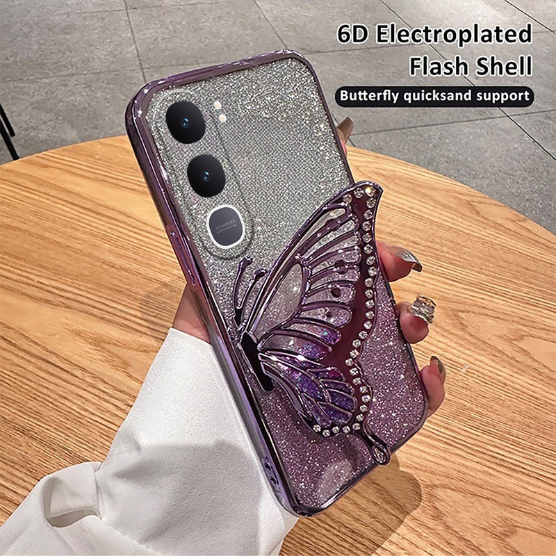 Phone case Vivo Y21D Y31 5G Back cover Diamonds butterfly holder shiny hourglass of quicksand transparent soft silicone For Vivo Y31 5G Y21D case.