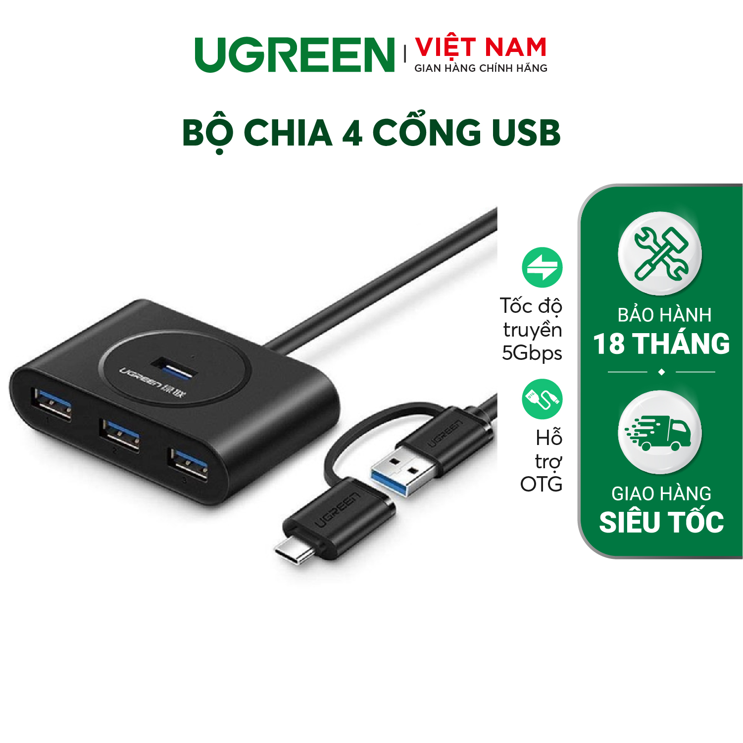 Bộ chia cổng USB 3.0/ Type C sang 4 cổng USB 3.0 UGREEN 40850 – Tốc độ truyền lên đến 5Gbps, đèn led hiển thị hoạt động – Hàng phân phối chính hãng – Bảo hành 18 tháng 1 đổi 1