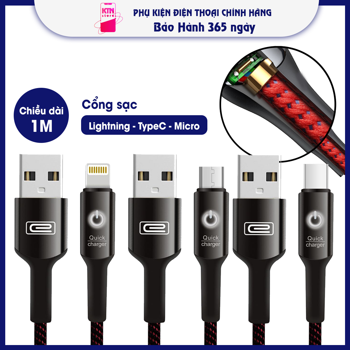 Cáp sạc iphone tự ngắt EARLDOM EC-063i, cáp sạc nhanh 2.4A cổng Micro Lightning Type-C