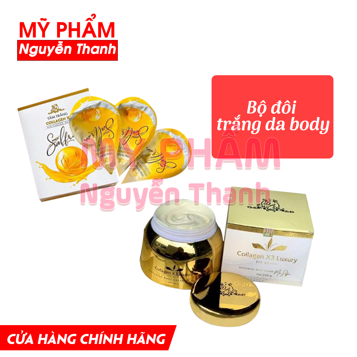 [HCM] Combo Kem body collagen x3 luxury và tắm trắng collagen x3 mix saffron dưỡng trắng da (Chính hãng)
