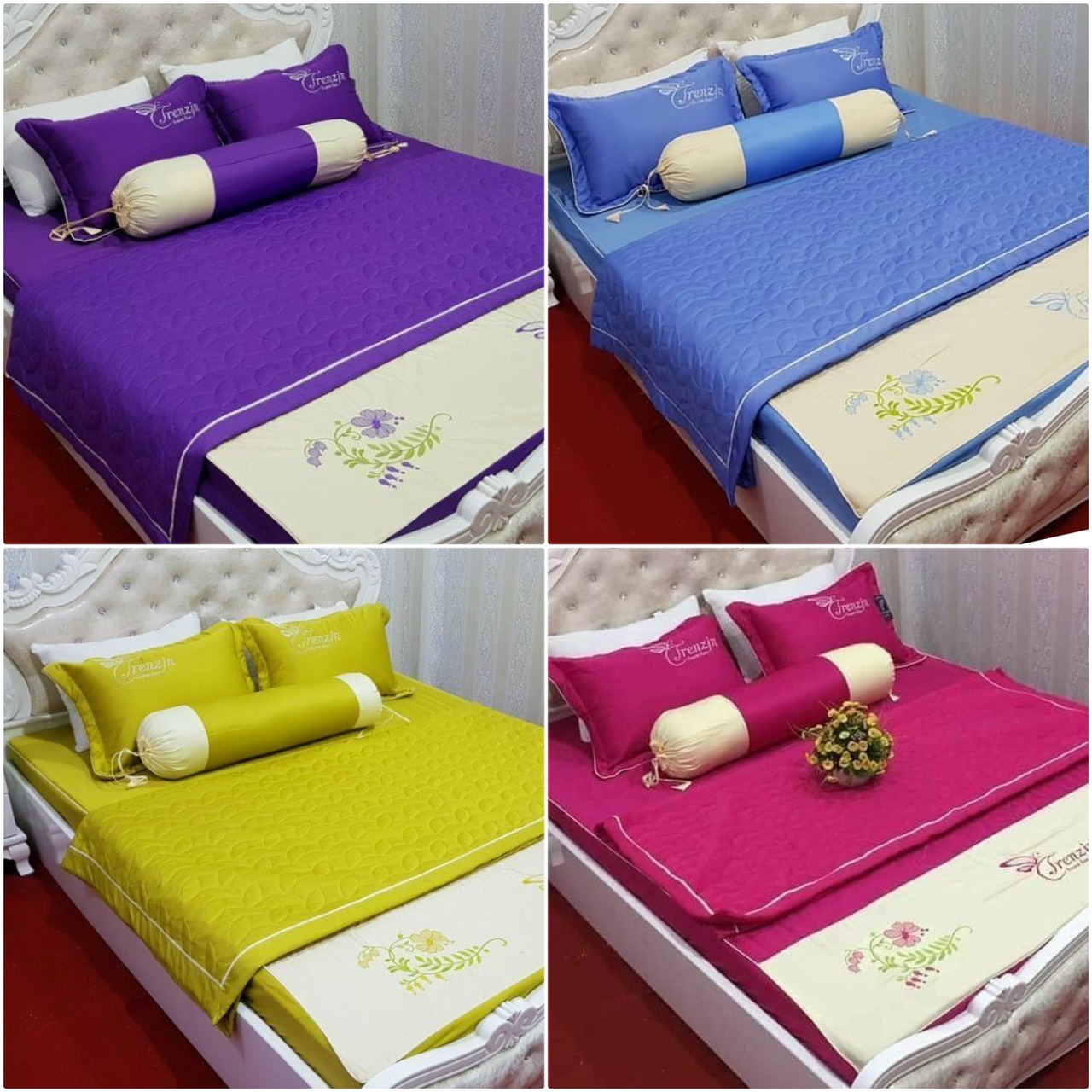 Bộ Chăn Ga Gối Cotton Satin Chần Bông CA Bedding Decor (1 Ga Chun, 2 Vỏ Gối, 1 Chăn Chần Bông, 1 Vỏ Ôm)