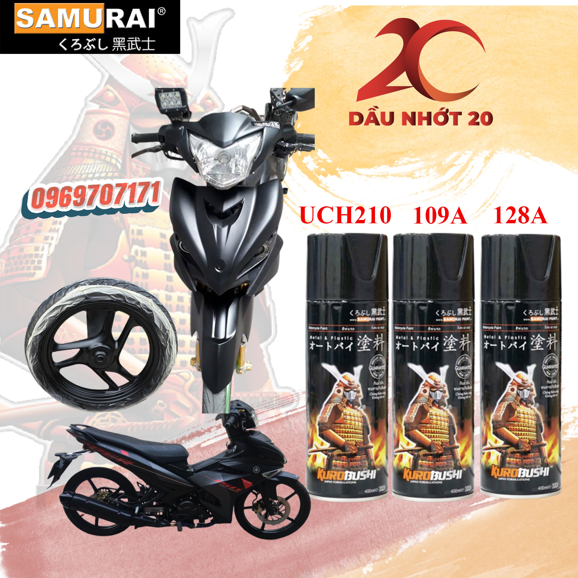 Combo sơn đen nhám samurai - sơn lóp uch210, sơn đen nhám 109a, bóng mờ 128a