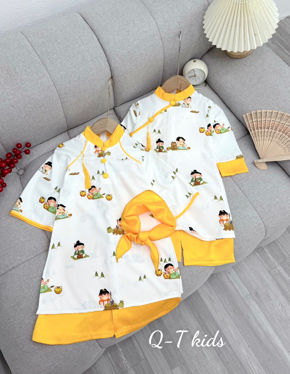 (SIZE 10-30KG) SET ÁO DÀI HỌA TIẾT CHO BÉ TRAI BÉ GÁI, KÈM QUẦN LỤA