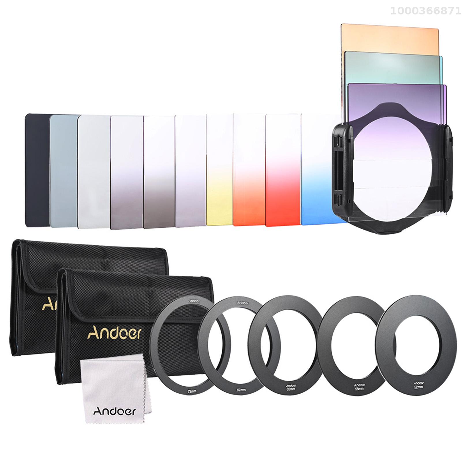 Andoer 13pcs Square Gradient Full Color Filter Bundle Kit for Cokin P Series with Filter Holder + Adapter Ring + Storage Bag + Cleaning Cloth