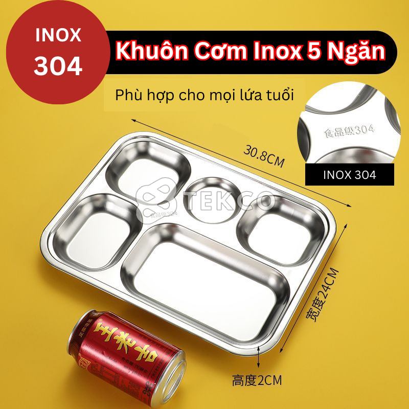 Khay Cơm Phần 5 Ngăn Inox 304 Đựng Thức Ăn - Khay Đựng Cơm Chia Phần 5 Ngăn
