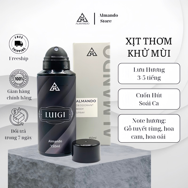 Xịt thơm khử mùi toàn thân ALMANDO cho nam mùi LUIGI hương thơm cuốn hút soái ca
