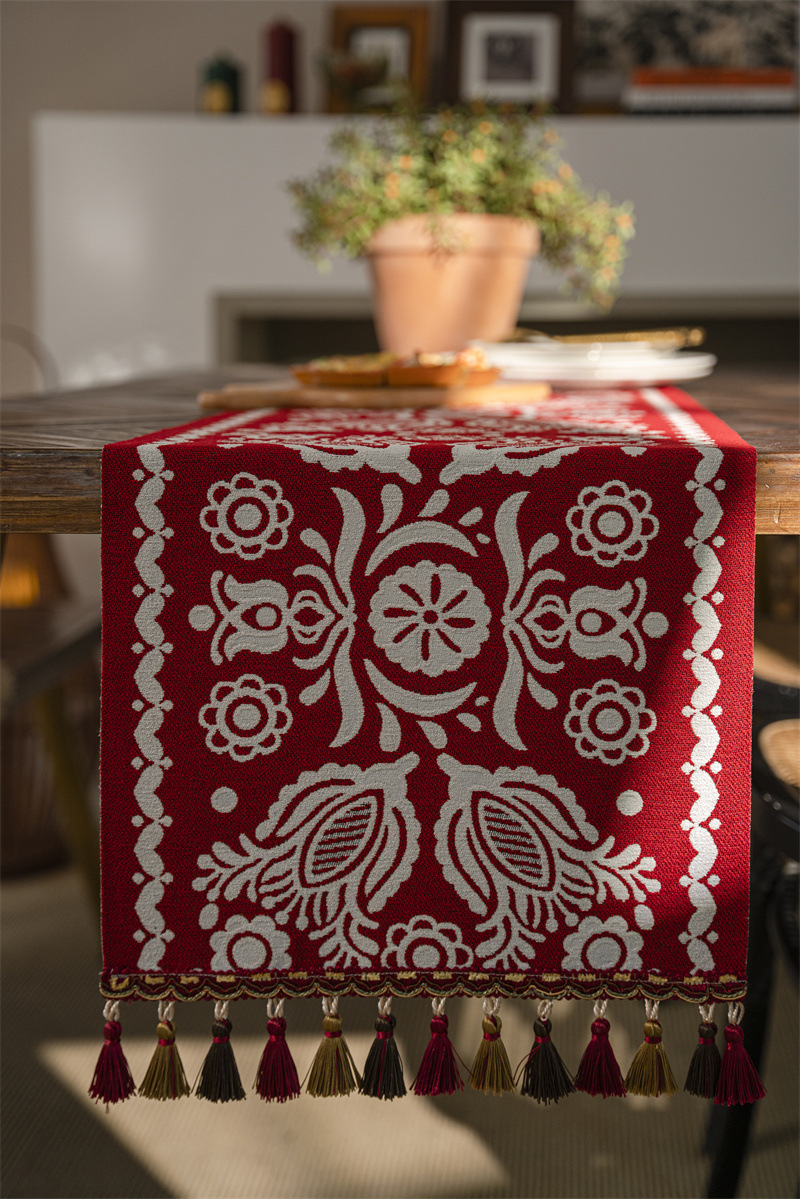 Red Holiday Festive Tassel Table Runner Modern Simple Geometric Flower Table Runner Coffee Table Cloth Sideboard Drawer 35*300cm Piano Cover Towel