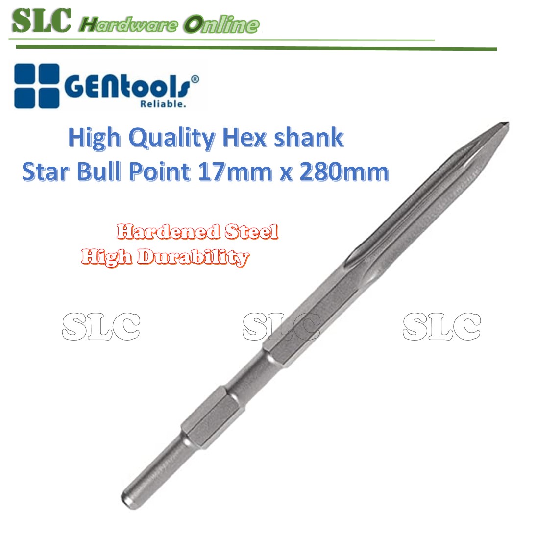 GENTOOLS Hex Shank 17mm x 280mm Star Bull Point Chisel Hacking