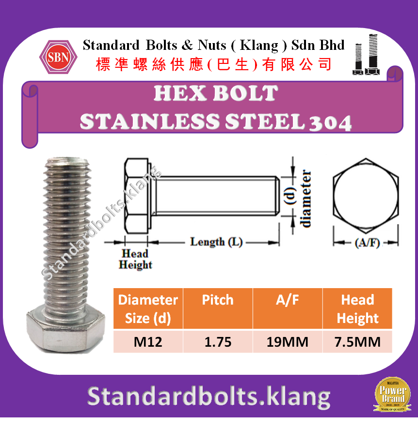 (1PC) [SIZE M12] Stainless Steel 304 Hexagon Bolt (FULL THREAD) Lazada