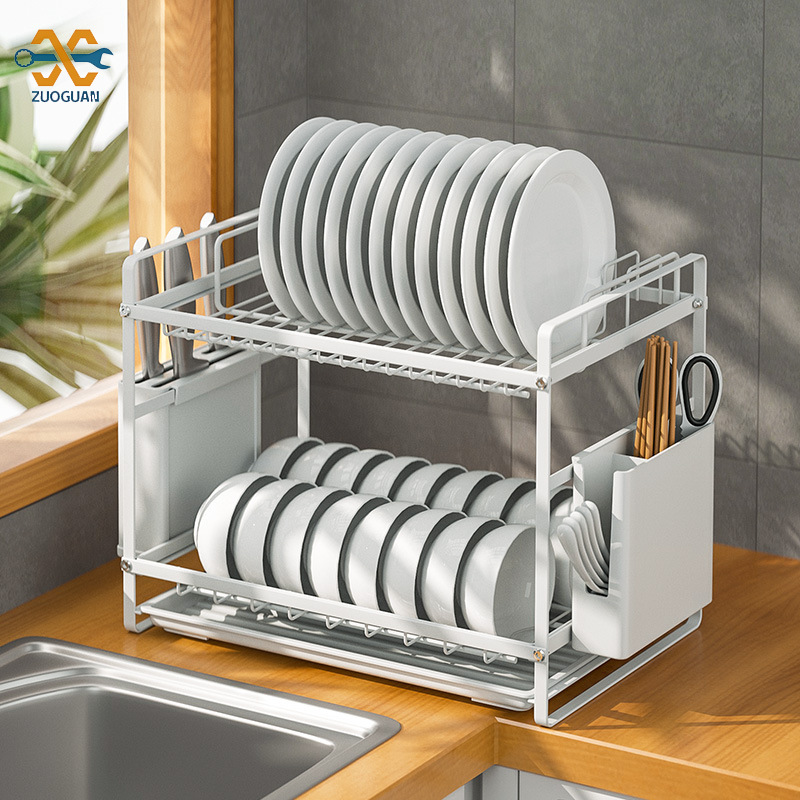 ZUOGUAN Kitchen shelves: double bowl rack with chopsticks storage drain rack, kitchen drain rack, dish storage dish rack