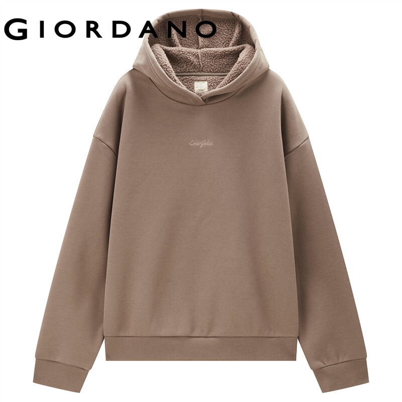 GIORDANO Women Hoodies Chunky Fleece-Lined Windproof Casual Hoodies Oversize Letter Embroidered Solid Color Hoodies 05322809