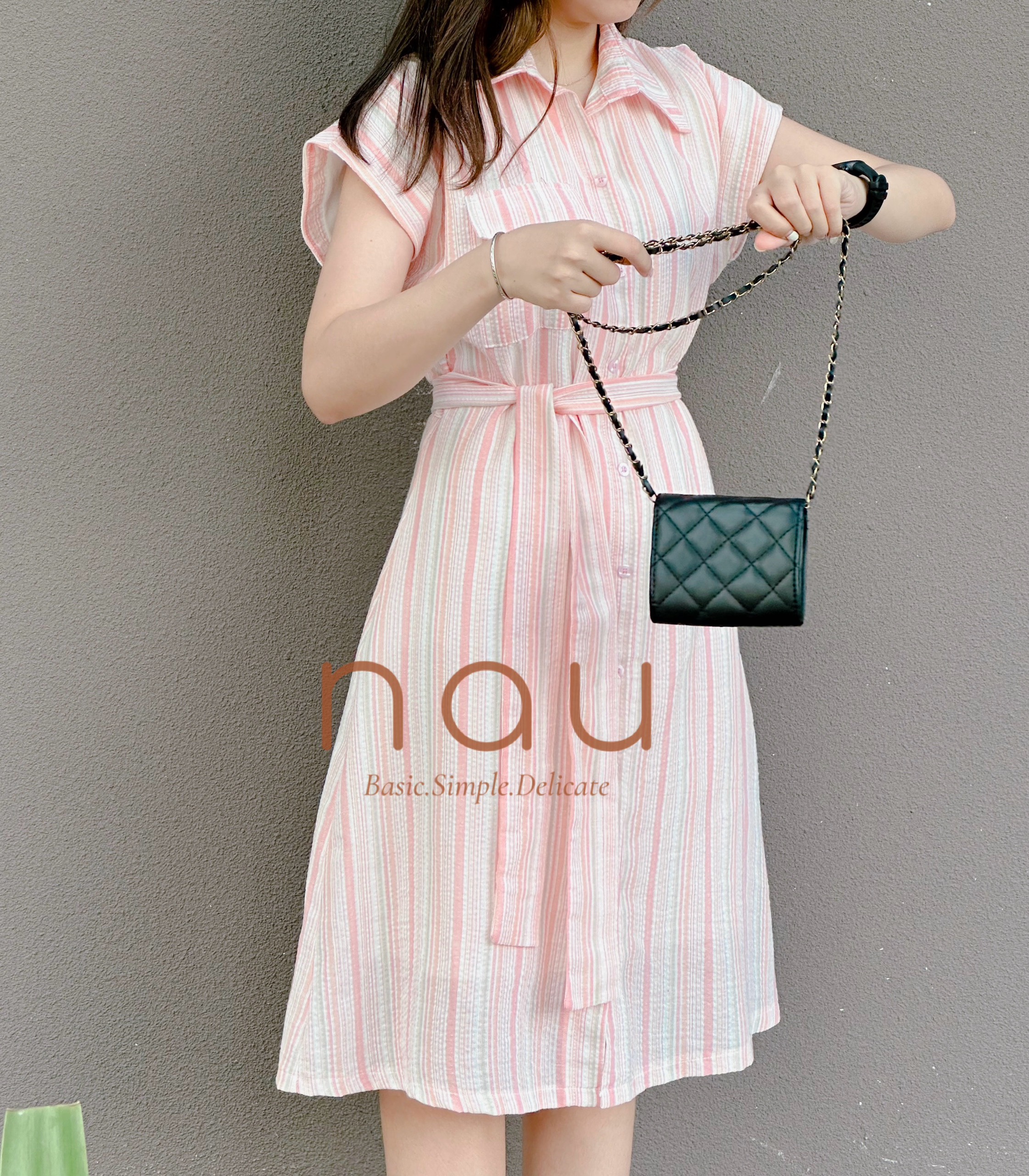 Đầm sọc cổ sơ mi dáng chữ A kèm dây eo