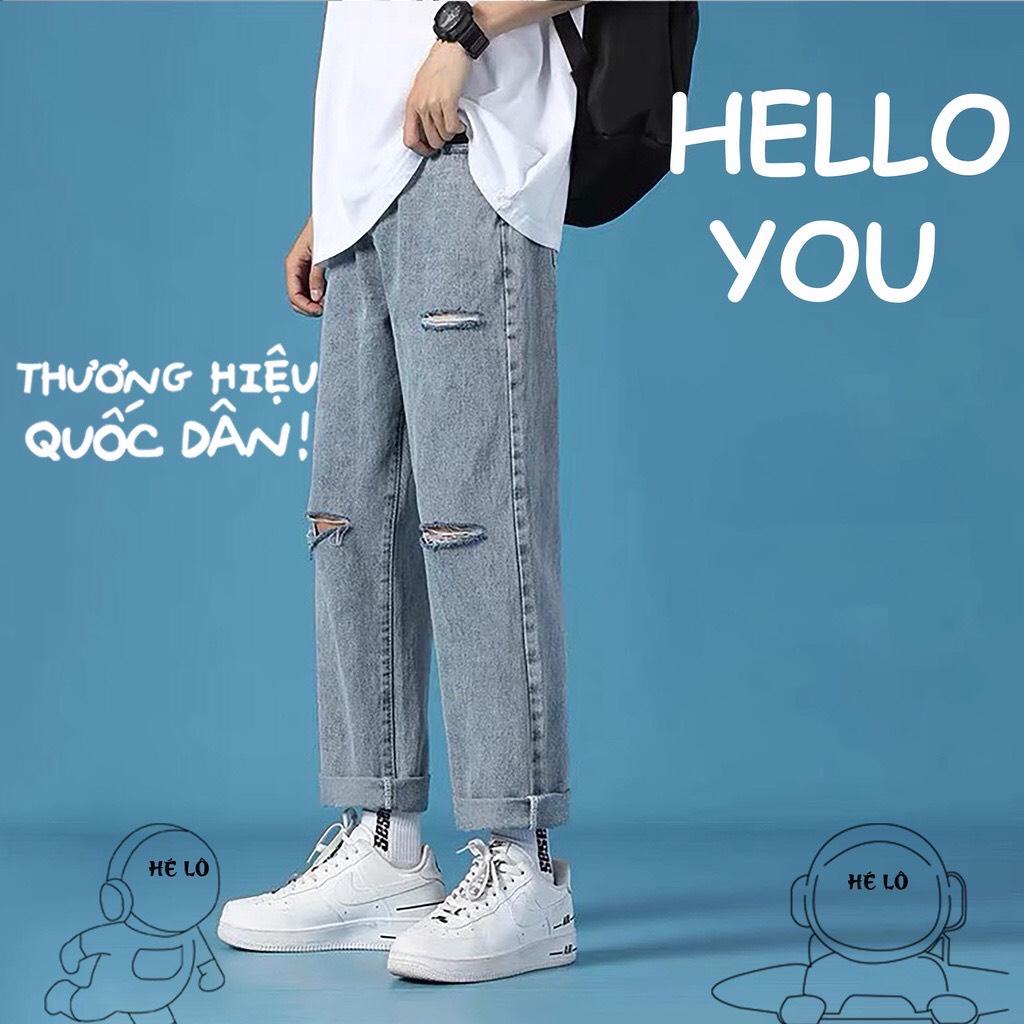 Quần Jean Baggy Rách Nam, Quần Bò Đen Ống Suông Rộng Rách Gấu+Rách Gối Rđ-01