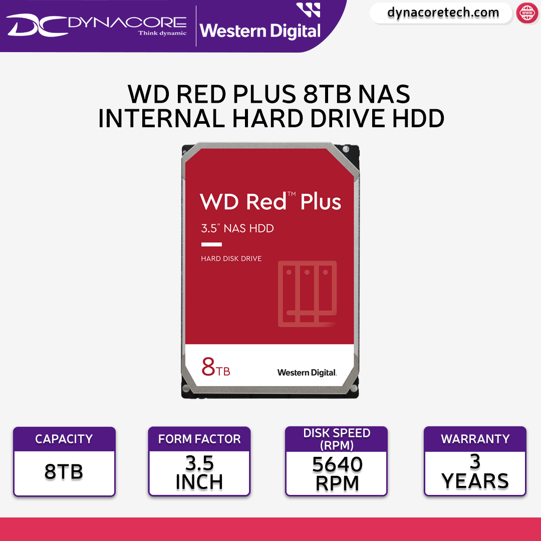 DYNACORE - WD Red Plus 8TB NAS Internal Hard Drive HDD - 5640 RPM, SATA 6 Gb /s, CMR, 128 MB Cache, 3.5
