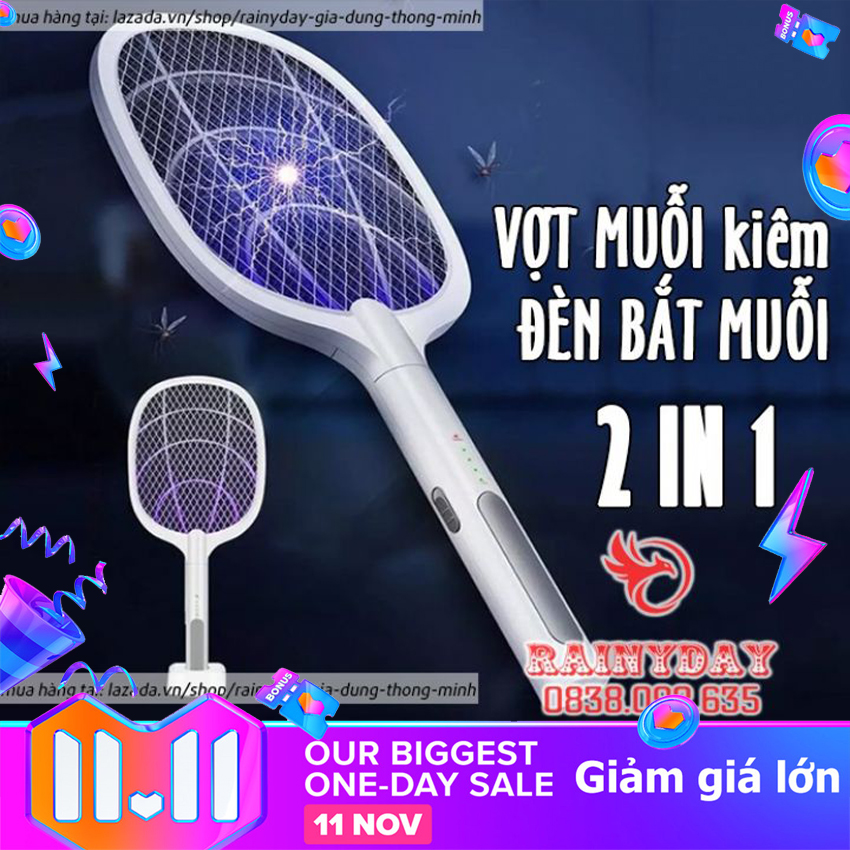 Vợt muỗi kiêm đèn bắt muỗi 2in1 , vợt muỗi thông minh, vợt muỗi đa năng kèm đế và dây sạc usb - đèn bắt muỗi- đèn đuổi côn trùng