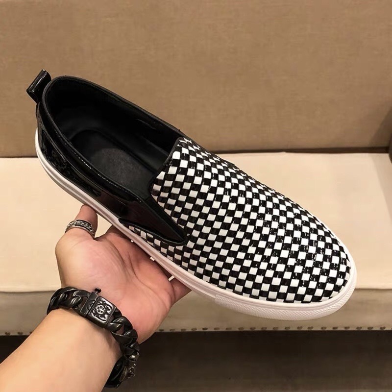 giày nam da slipon mũi tròn mũi da kẻ trắng đen basic