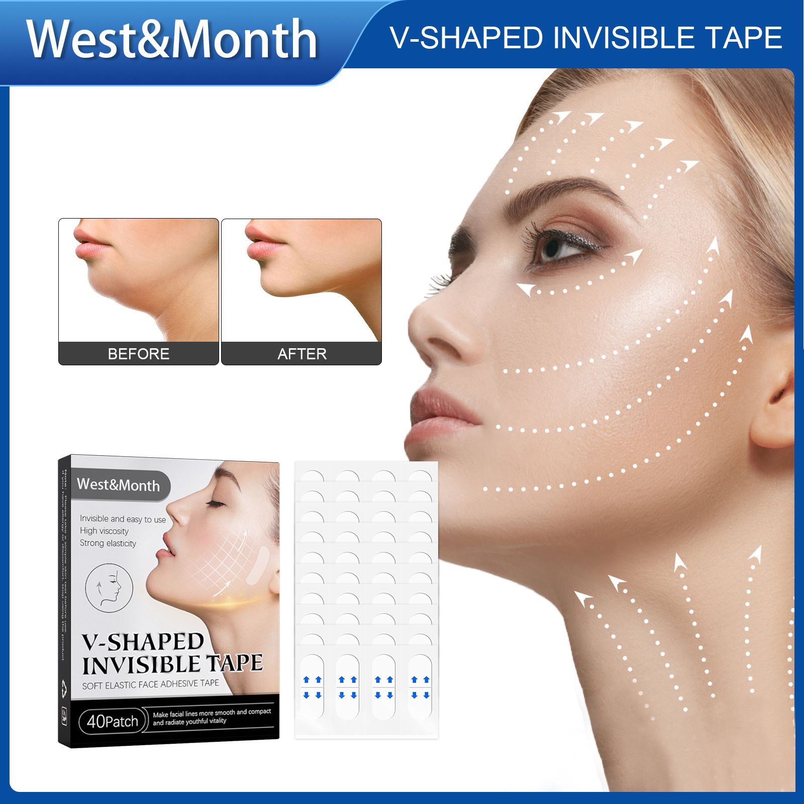 Cheap West&Month 40 Patch Soft Elastic Face Adhesive Tape V-shaped