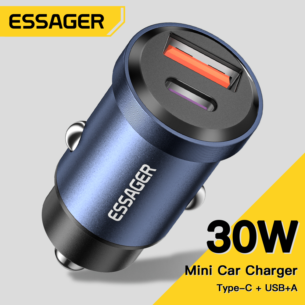 Essager aluminum alloy car charger typeC + USB dual port output 30W