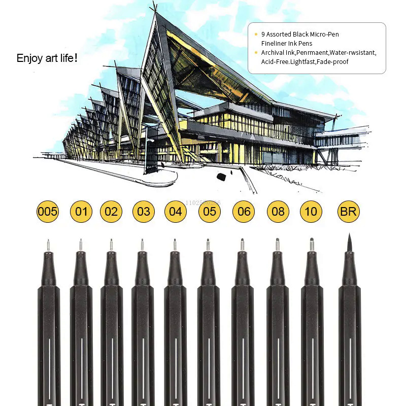 Kích thước 202310 đen micro fineliner mực bút 0.05 0.1 0.2 0.3 0.4 0.5 đầu bàn chải cho nghệ sĩ minh họa phác thảo kỹ thuật vẽ