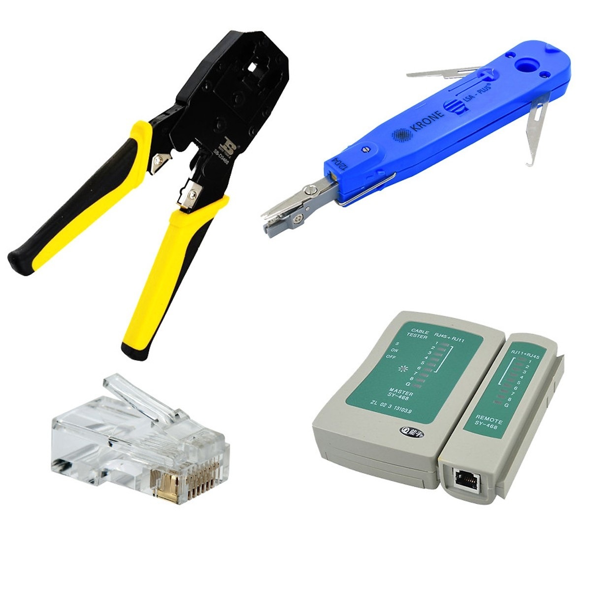 Combo kìm bấm mạng bs, tool nhấn mạng âm tường, hộp test dây mạng, 100 hạt mạng jr45