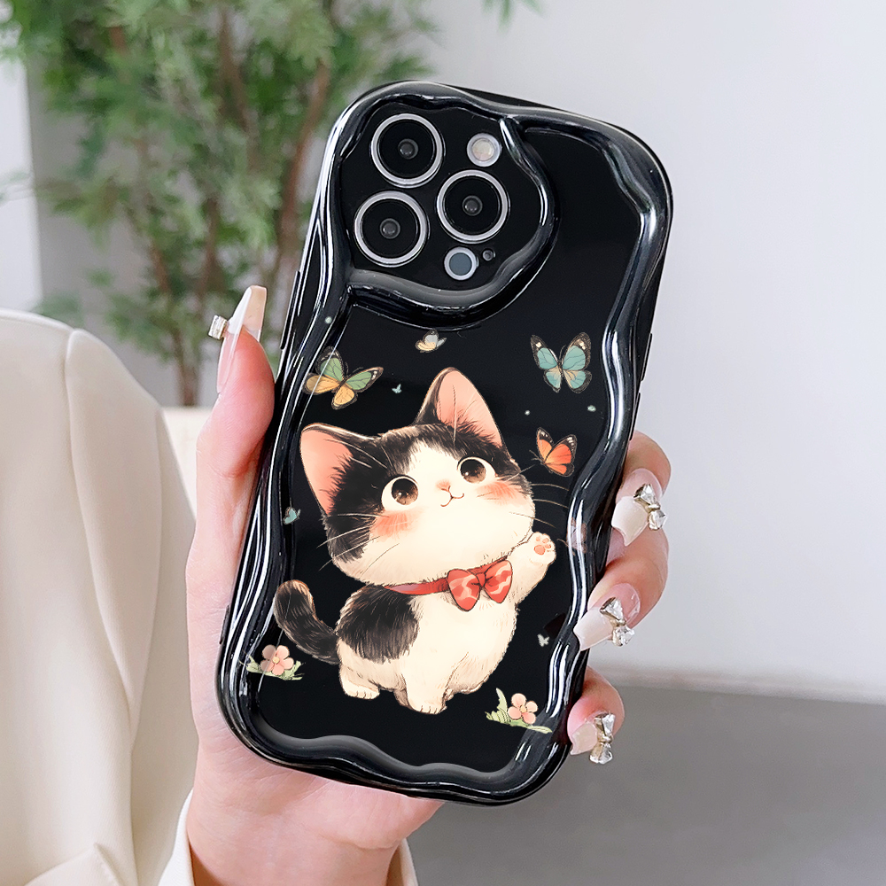 Jizetin for Samsung A10 Back Cover Kitten Playing Butterfly Cream Wavy Edge Soft Silicone Phone Case.