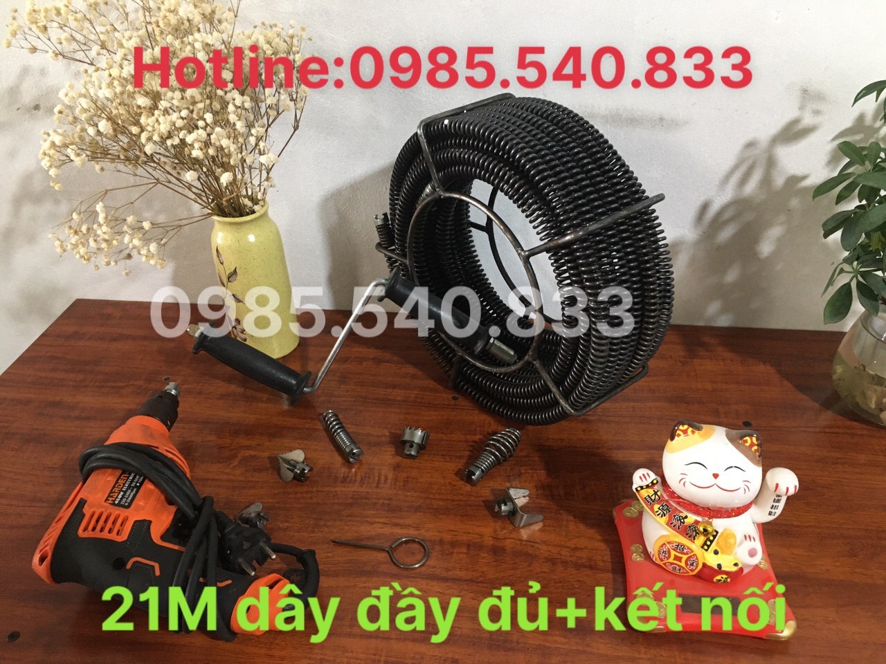 Dây thông tắc cống dùng cho máy khoan ( 21m dây + 6 đầu thông + kết nối máy khoan )