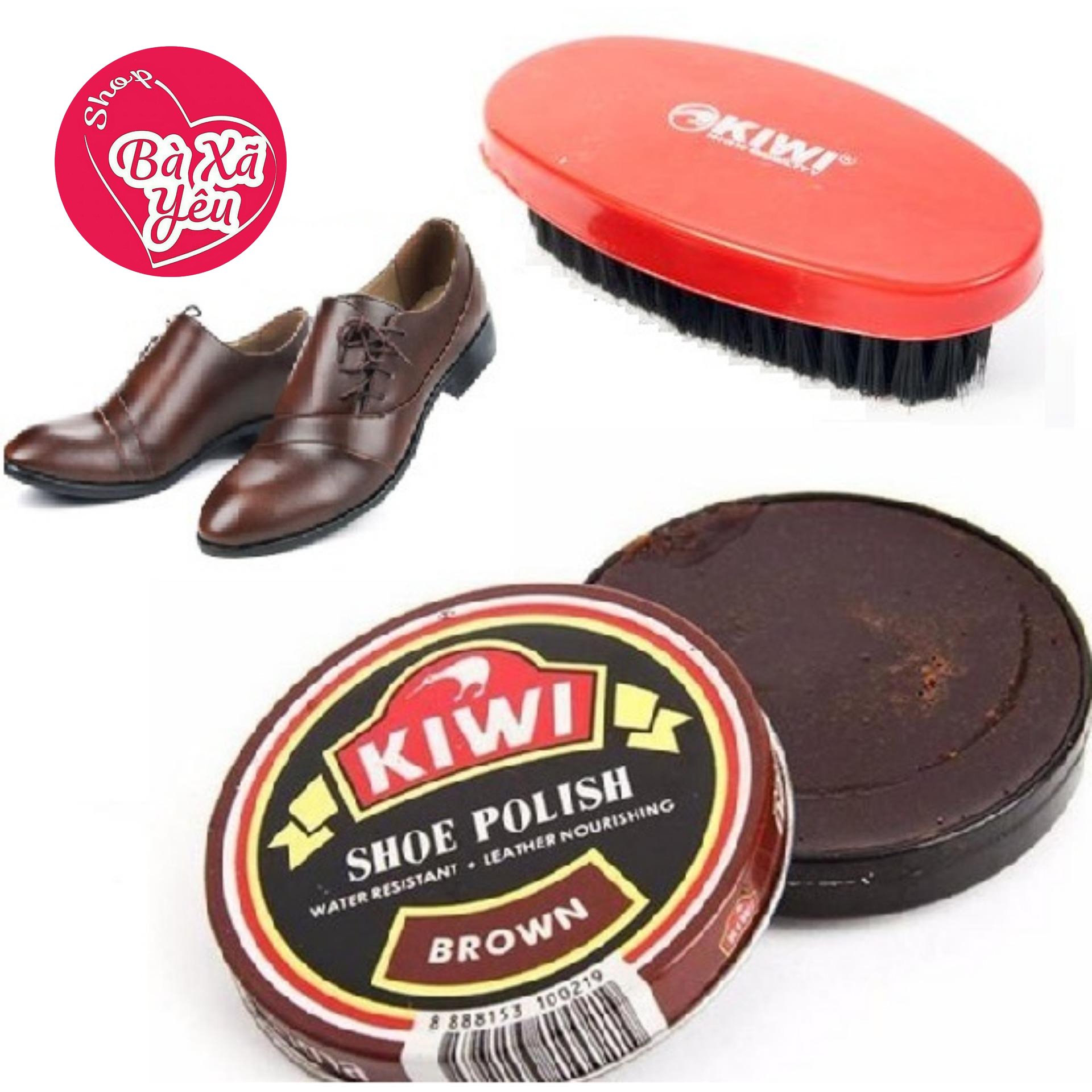 Hộp xi đánh giày nâu kiwi + bàn chải