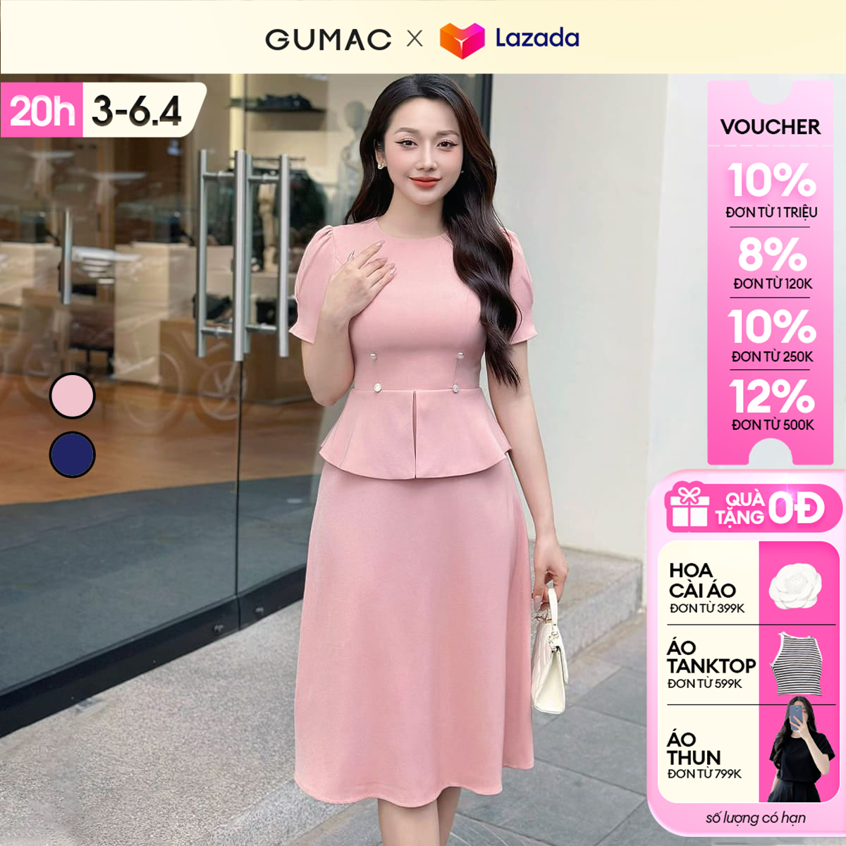 [4.4 - 6.4 |Voucher 10-12%] Đầm peplum phối nút thời trang GUMAC LDE0404 - DE04025