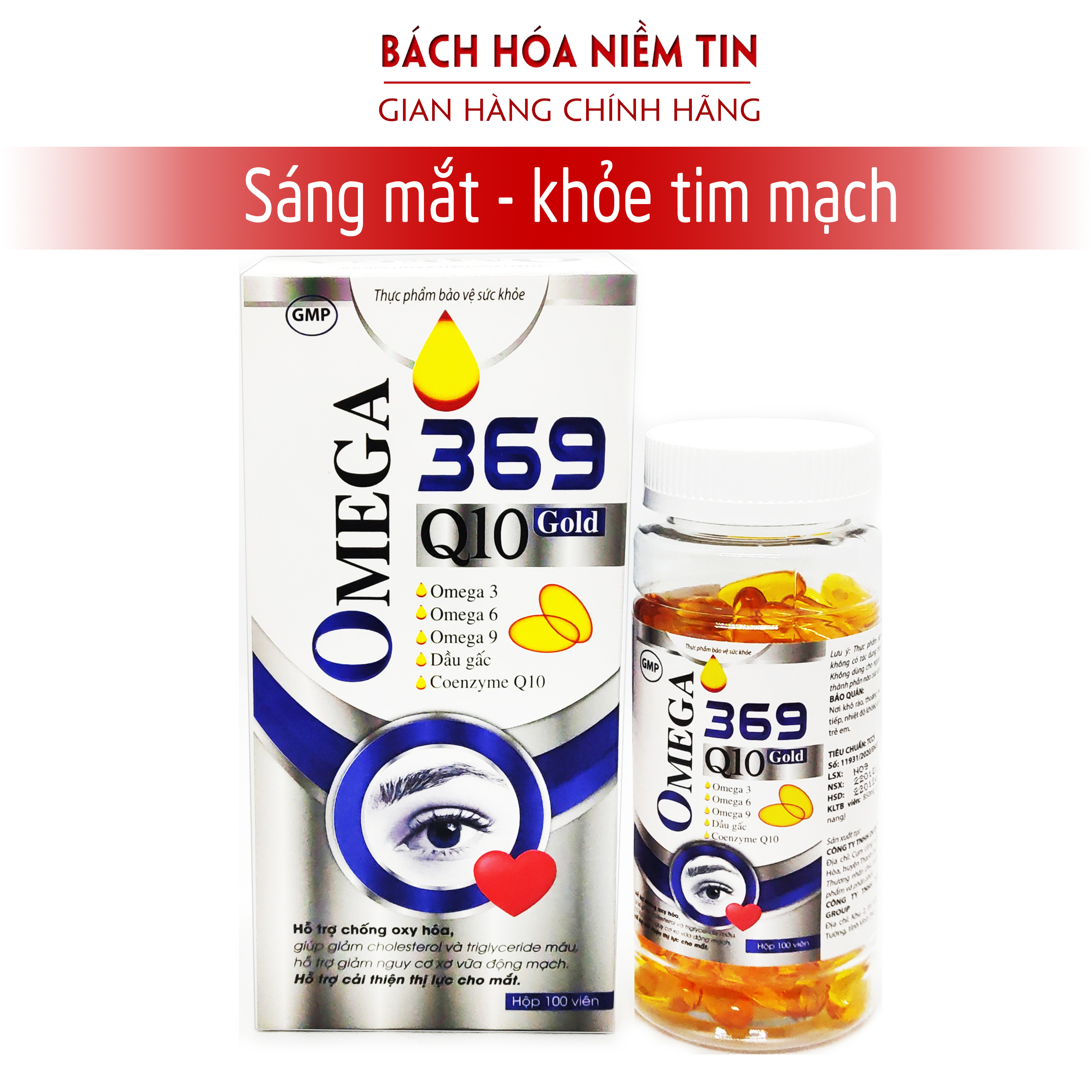 Viên uống Omega 369 Q10 gold - dầu cá, dầu gấc, dầu hoa anh thảo giúp giảm xơ vữa động mạch, giảm khô mỏi mắt hiệu quả - Hộp 100 viên chuẩn GMP