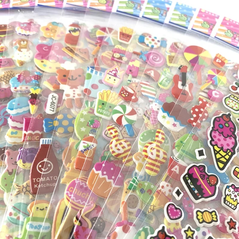 12 Sheets/Pack Cartoon Cake Candy Ice Cream Pattern Stickers Toy Kids Scrapbooking Bubble PVC 3D Kawaii Sticker For Girls Gift. 